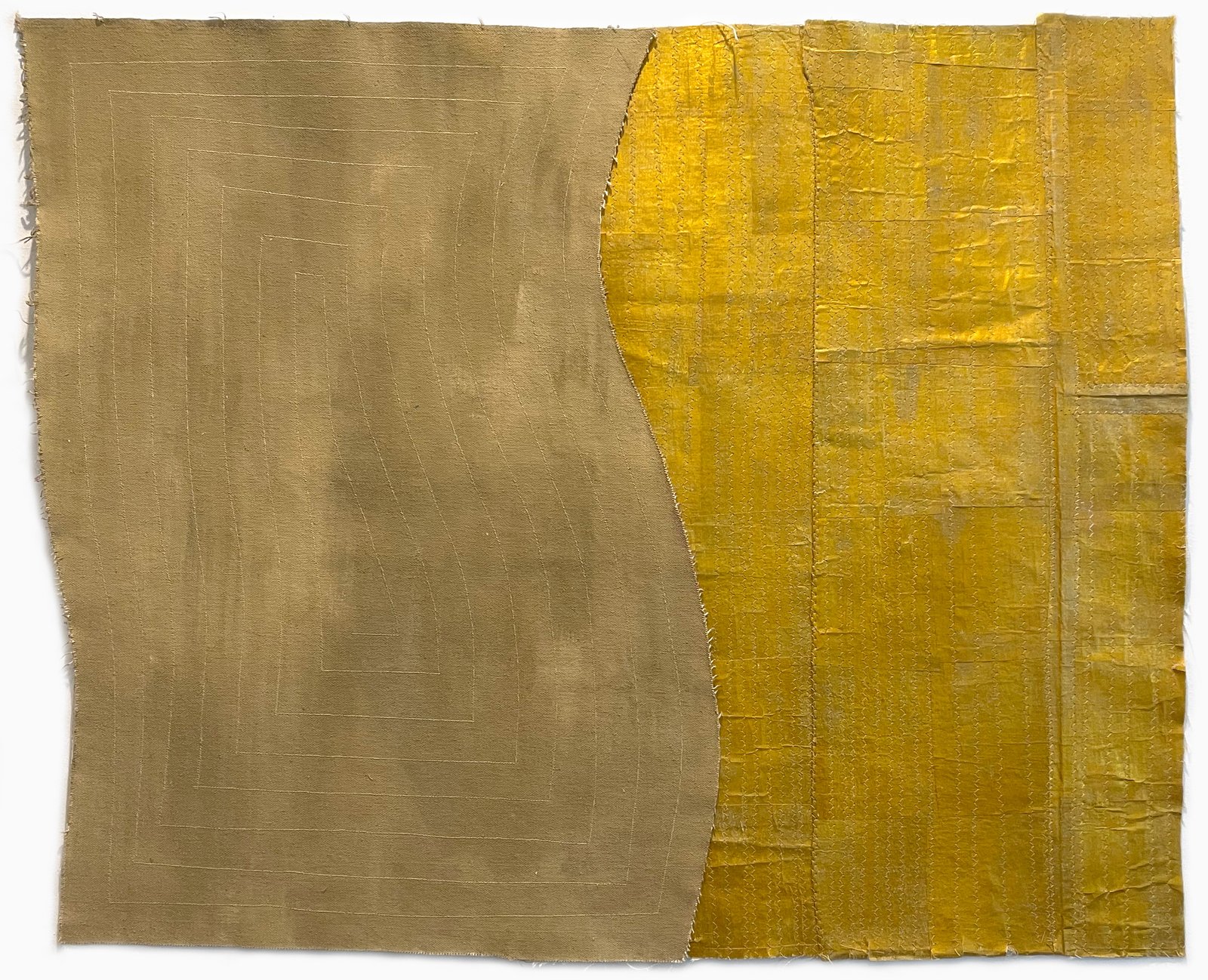 She Discovers, 202625 x 31 inches, mixed media with acrylic paint, canvas, joss paper, and machine-stitching.