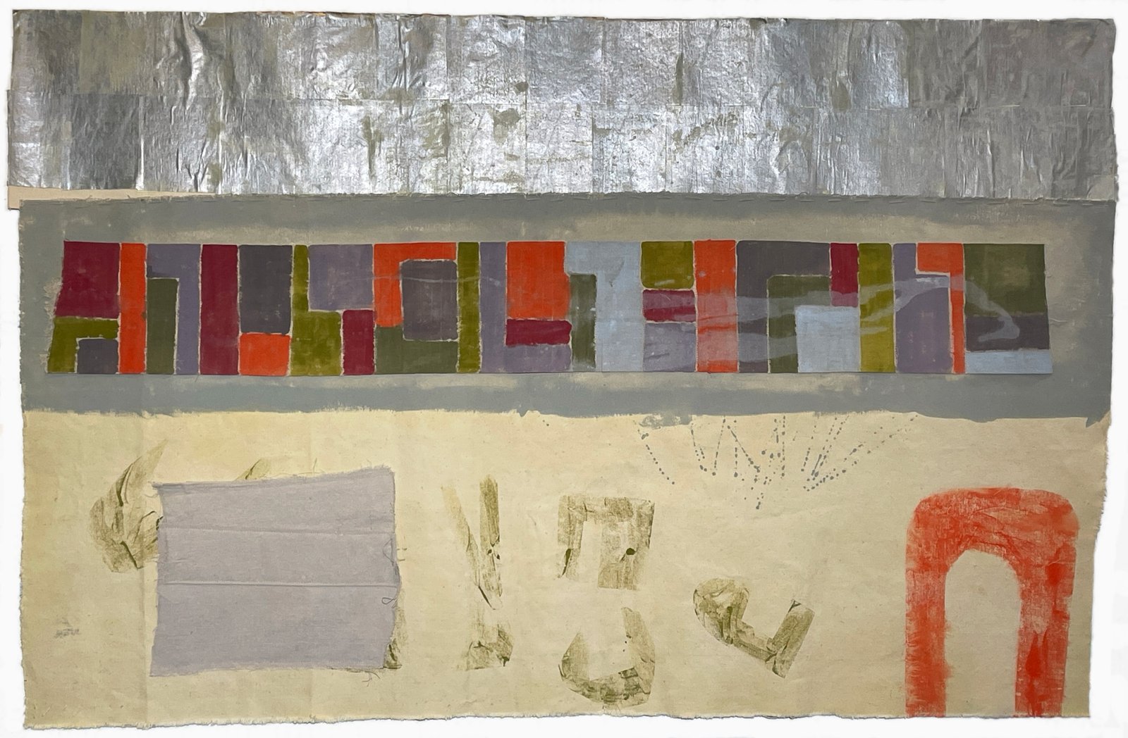 She Emerges, 202637 x 57 inches, mixed media, acrylic paint, canvas, joss paper, hand-stitching, and machine-stitching.