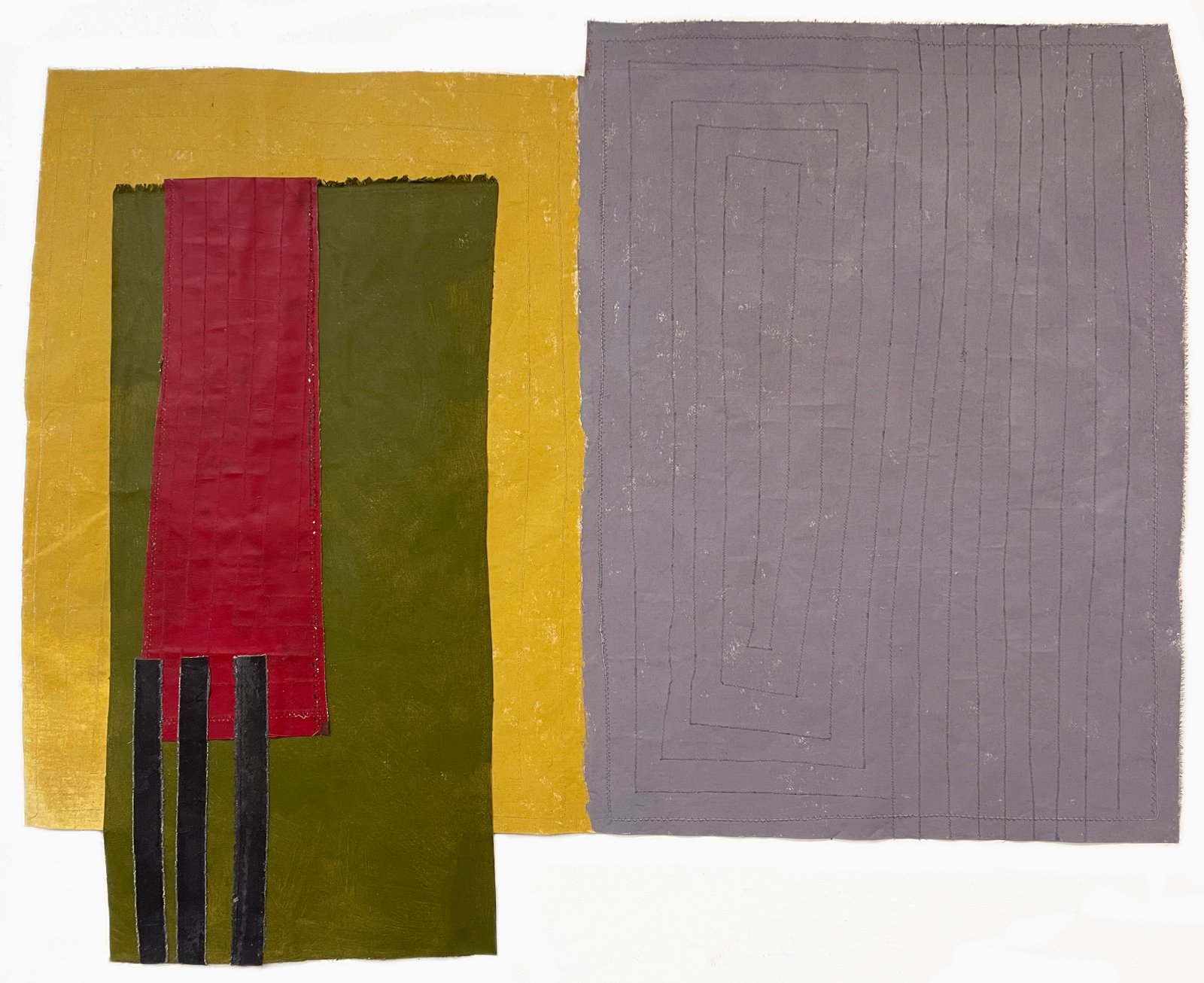 She Asserts, 2026 39" x 47” assemblage of acrylic-painted canvas pieces, machine-stitched.