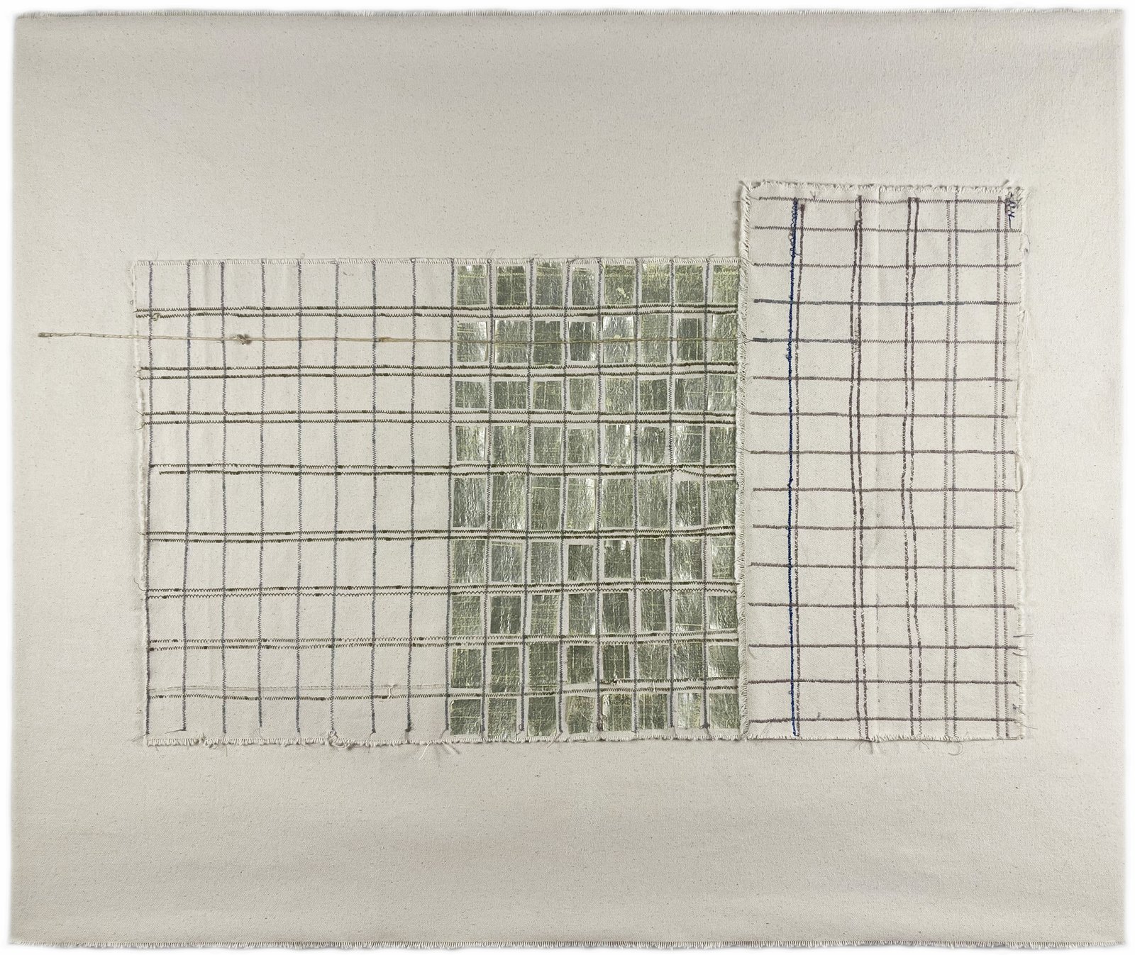 Across Time, 2026 28” x 34” Mixed media on canvas featuring machine and hand stitching, with joss paper cutouts adhered to the surface. (click image for detail views)