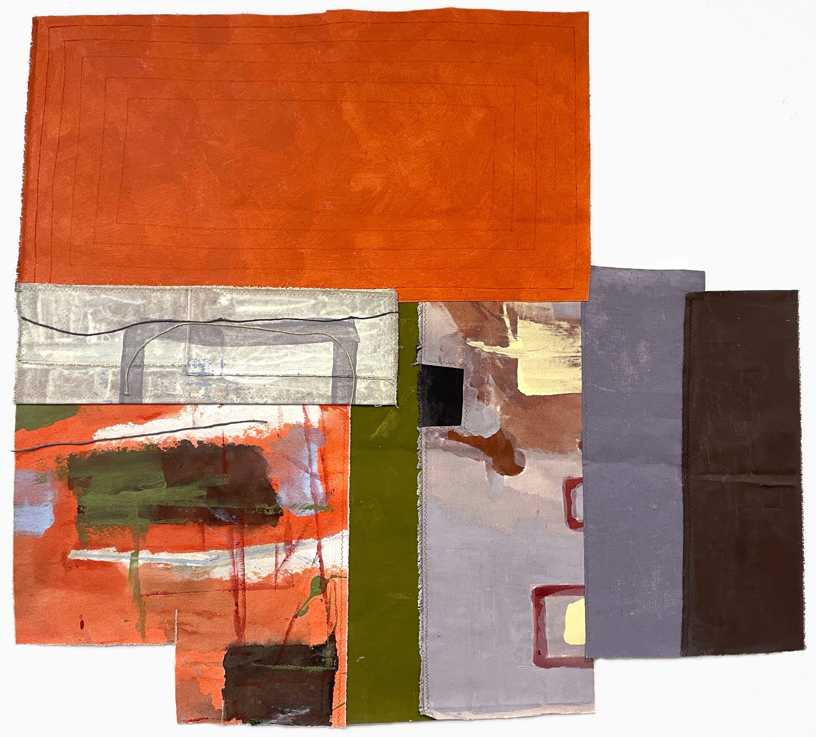 2026, Coalesce36 x 40 inch mixed media with acrylic paint, canvas, string, hand-stitching and machine-stitching.