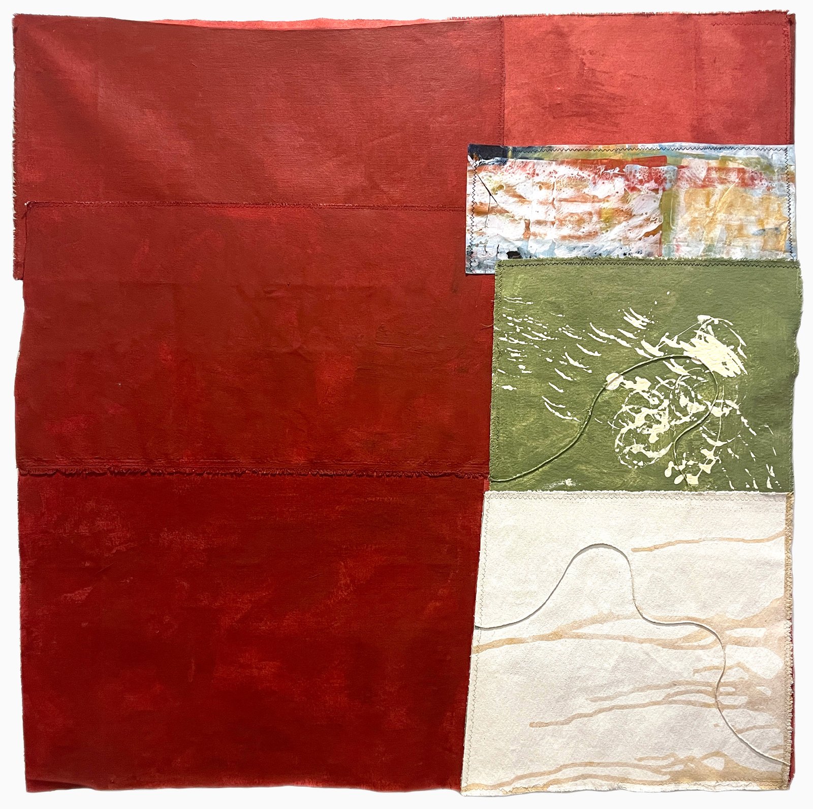 She Does, 2026 36” x 36” assemblage of acrylic painted canvas pieces, and encaustic monotype on paper, machine-stitched.